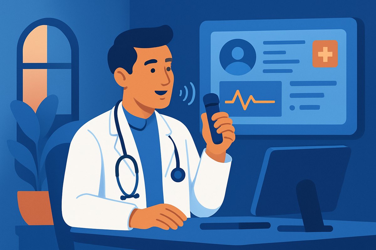 Doctor utilizando un dispositivo de reconocimiento de voz para notas médicas en su oficina.