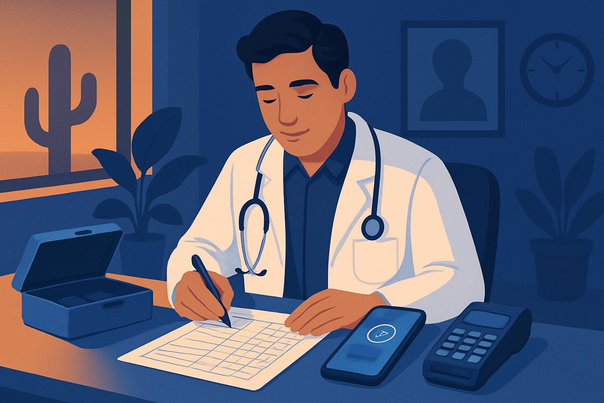 Médico revisando efectivo, transferencias y comisiones de terminal al cerrar su consultorio