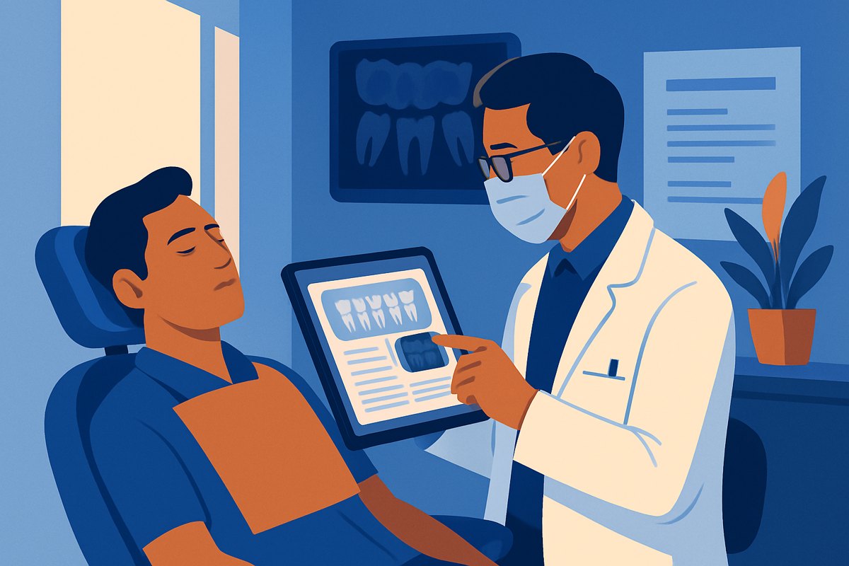 Odontóloga revisando un expediente dental digital y un odontograma durante una consulta breve