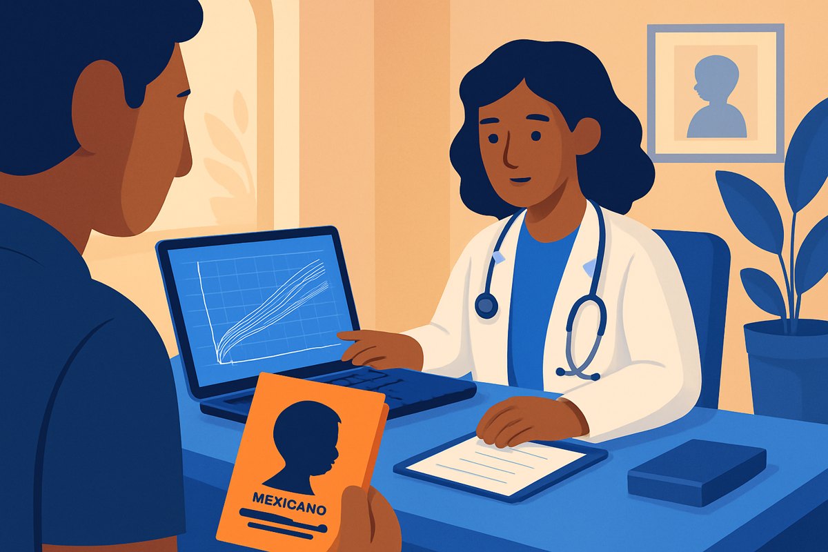 Pediatra revisando una gráfica de crecimiento mientras un familiar muestra la cartilla de vacunación del niño