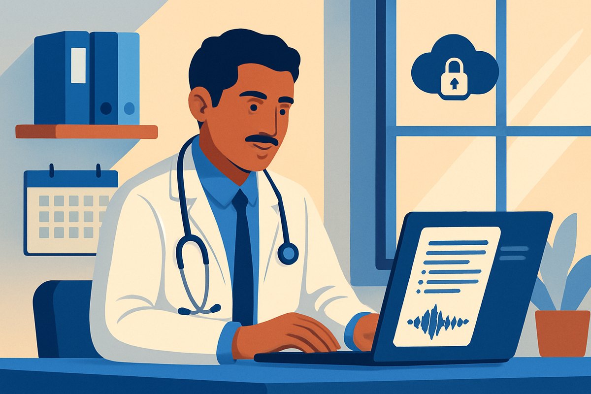 Médico privado revisando en su consultorio una nota clínica organizada mediante dictado con inteligencia artificial