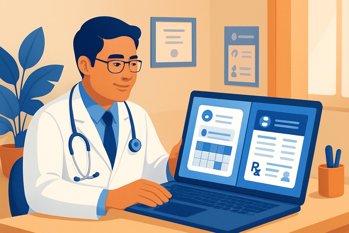 Médico privado comparando una plataforma de citas con un sistema de expediente clínico en su consultorio