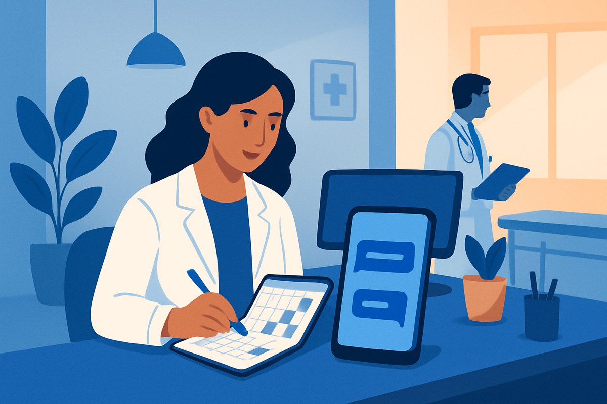 Recepcionista revisando la agenda y los recordatorios por WhatsApp en un consultorio médico privado