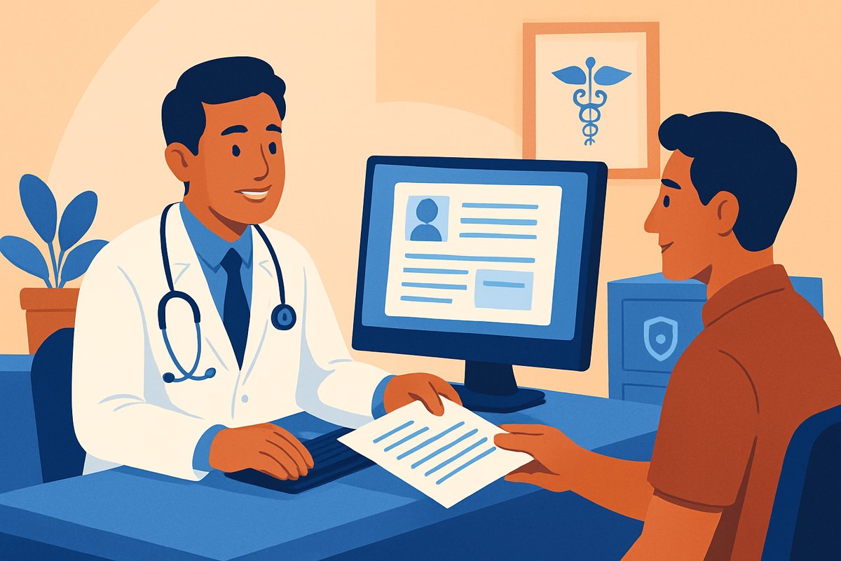 Médico entrega una copia del expediente mientras conserva el registro clínico bajo custodia