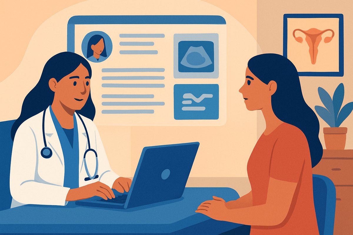 Médica revisando un expediente clínico ginecológico ordenado durante una consulta privada