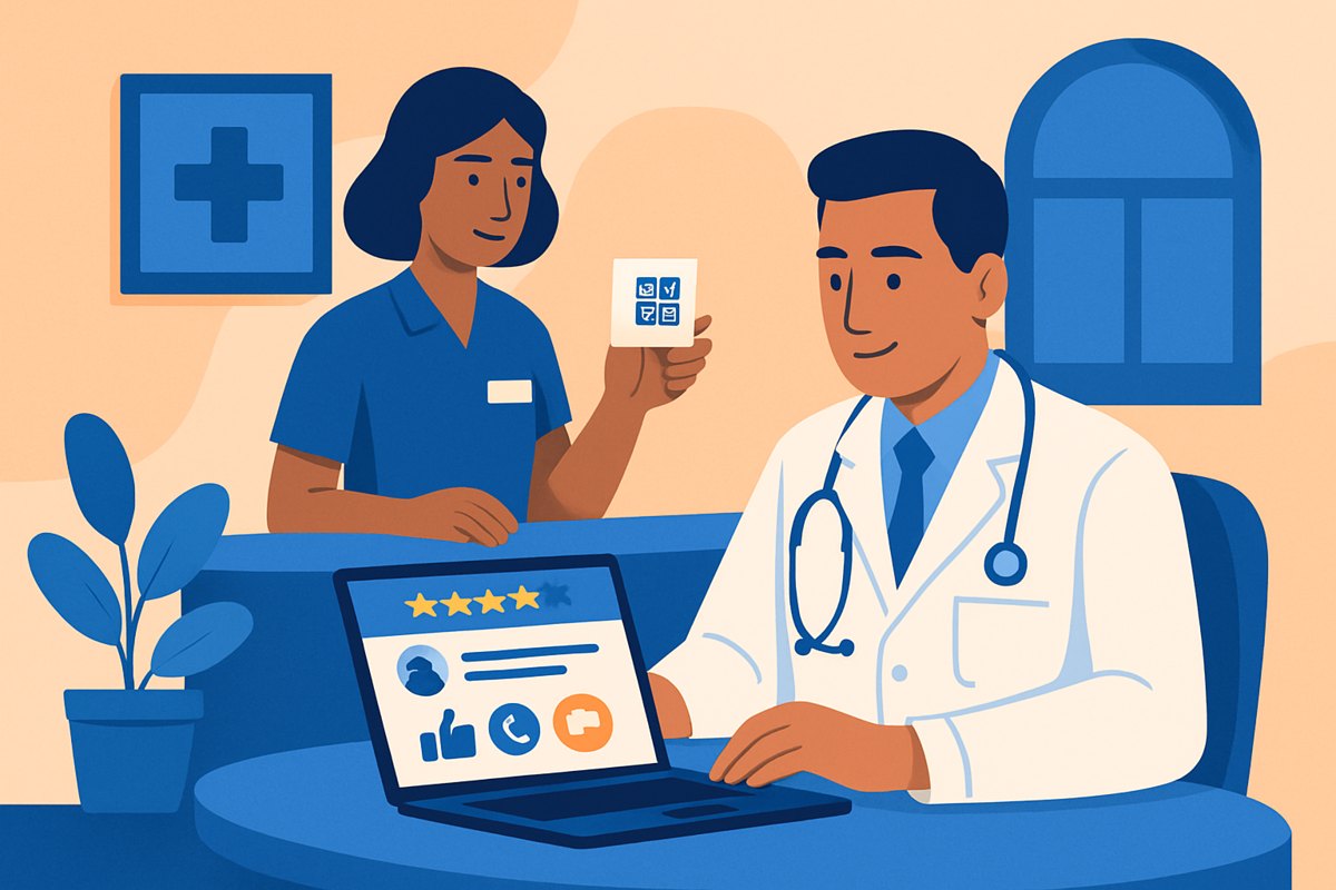 Médico revisando reseñas en línea de su consultorio junto a una recepcionista
