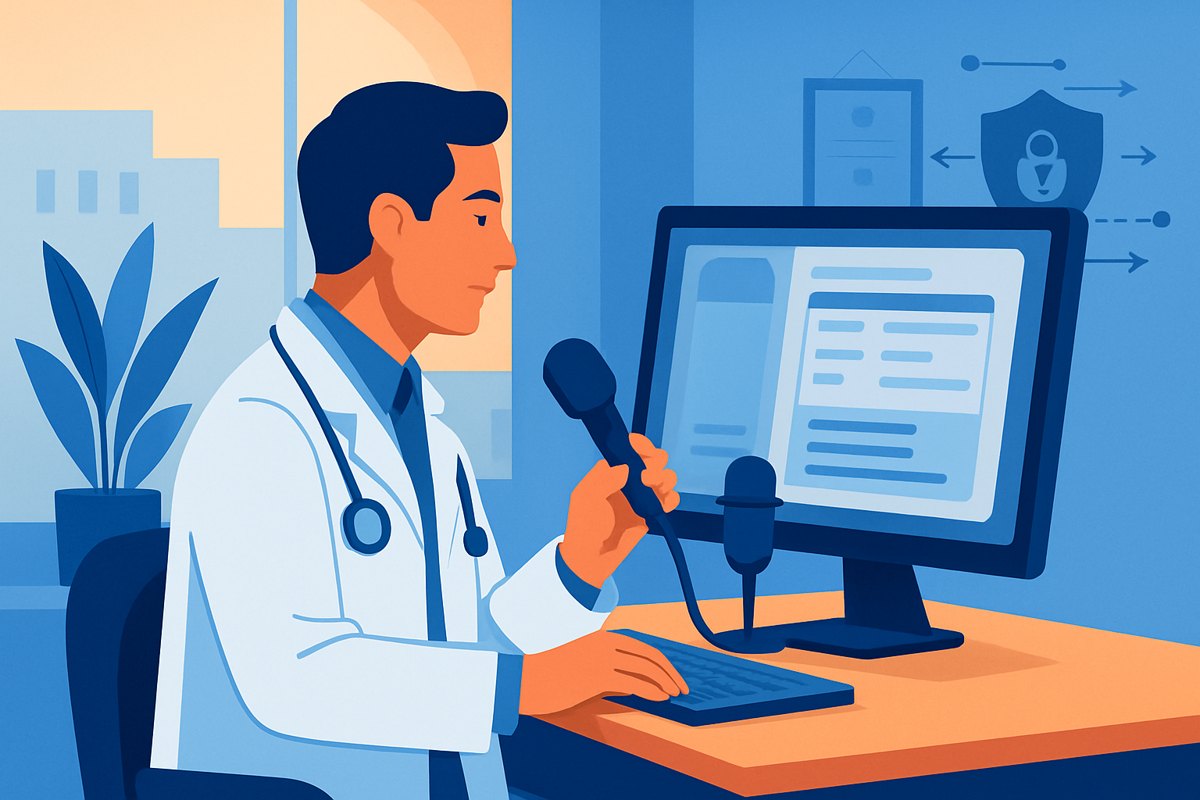 Médico privado dicta una nota clínica con IA mientras revisa la privacidad y el expediente en su computadora