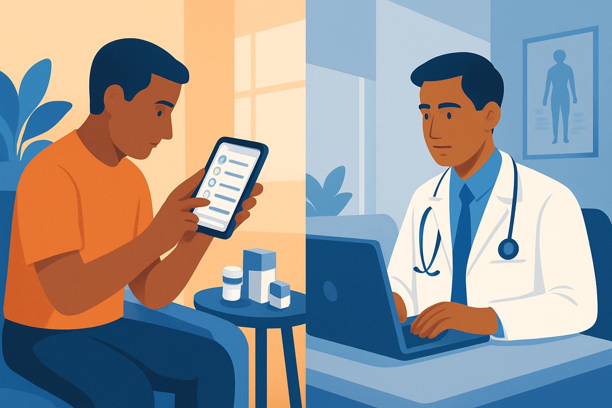 Paciente llena una preconsulta digital en su celular mientras su médica revisa los antecedentes en el consultorio