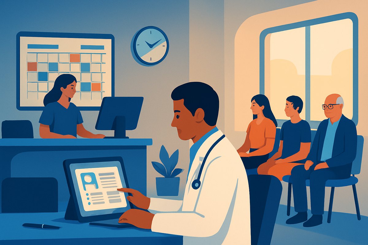 Médico general organizando una jornada de más de 20 consultas en su consultorio privado