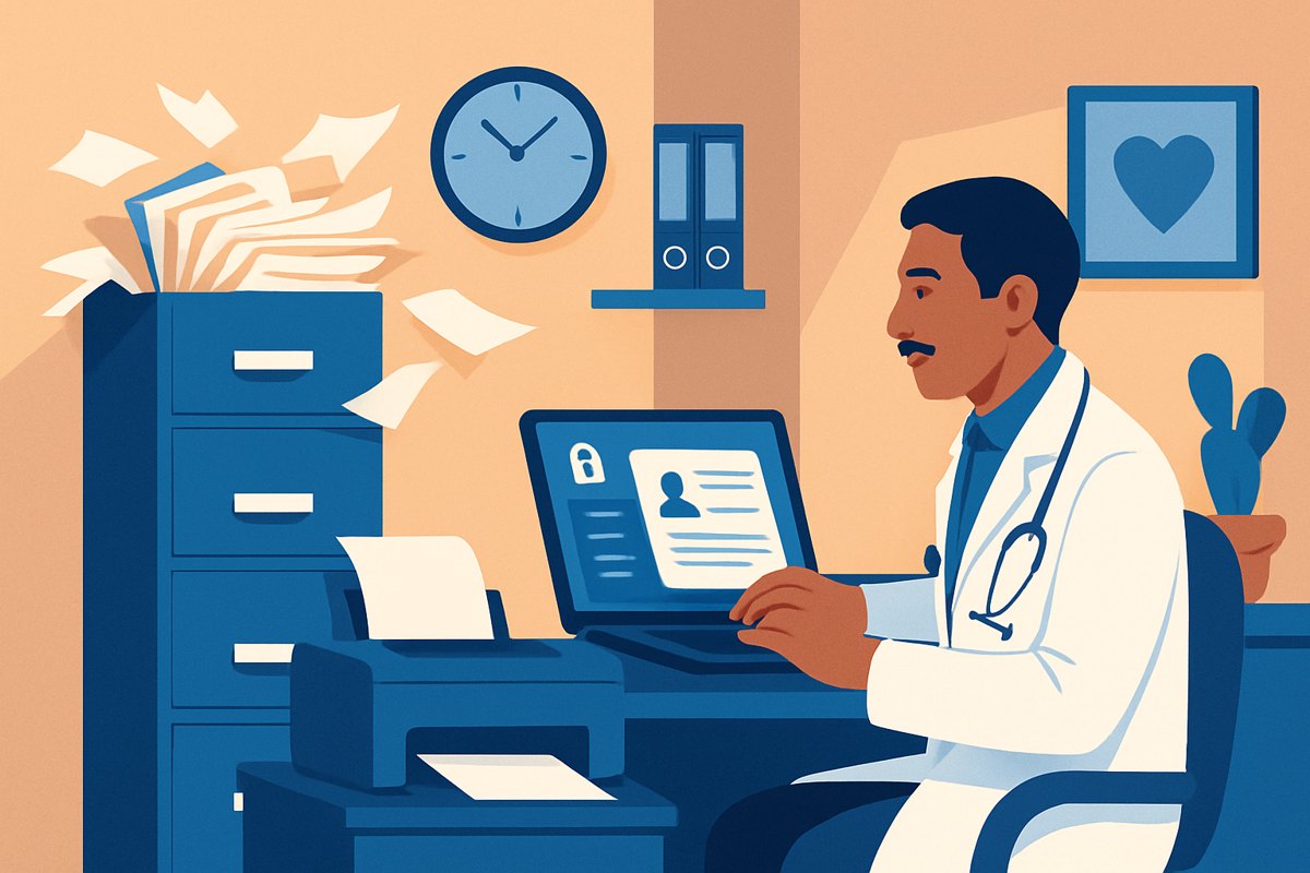 Consultorio médico comparando expedientes en papel con un expediente clínico electrónico