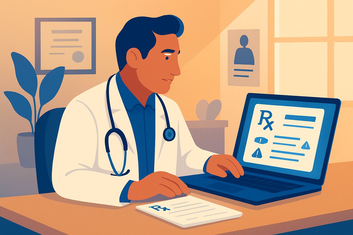 Médico privado revisando una receta médica digital antes de imprimirla en su consultorio