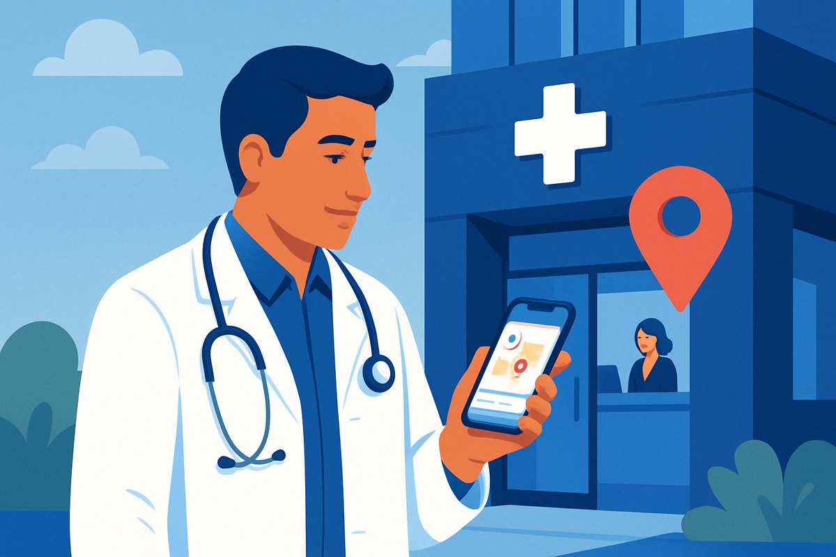 Médico revisando en su celular la ubicación de su consultorio dentro de una torre médica
