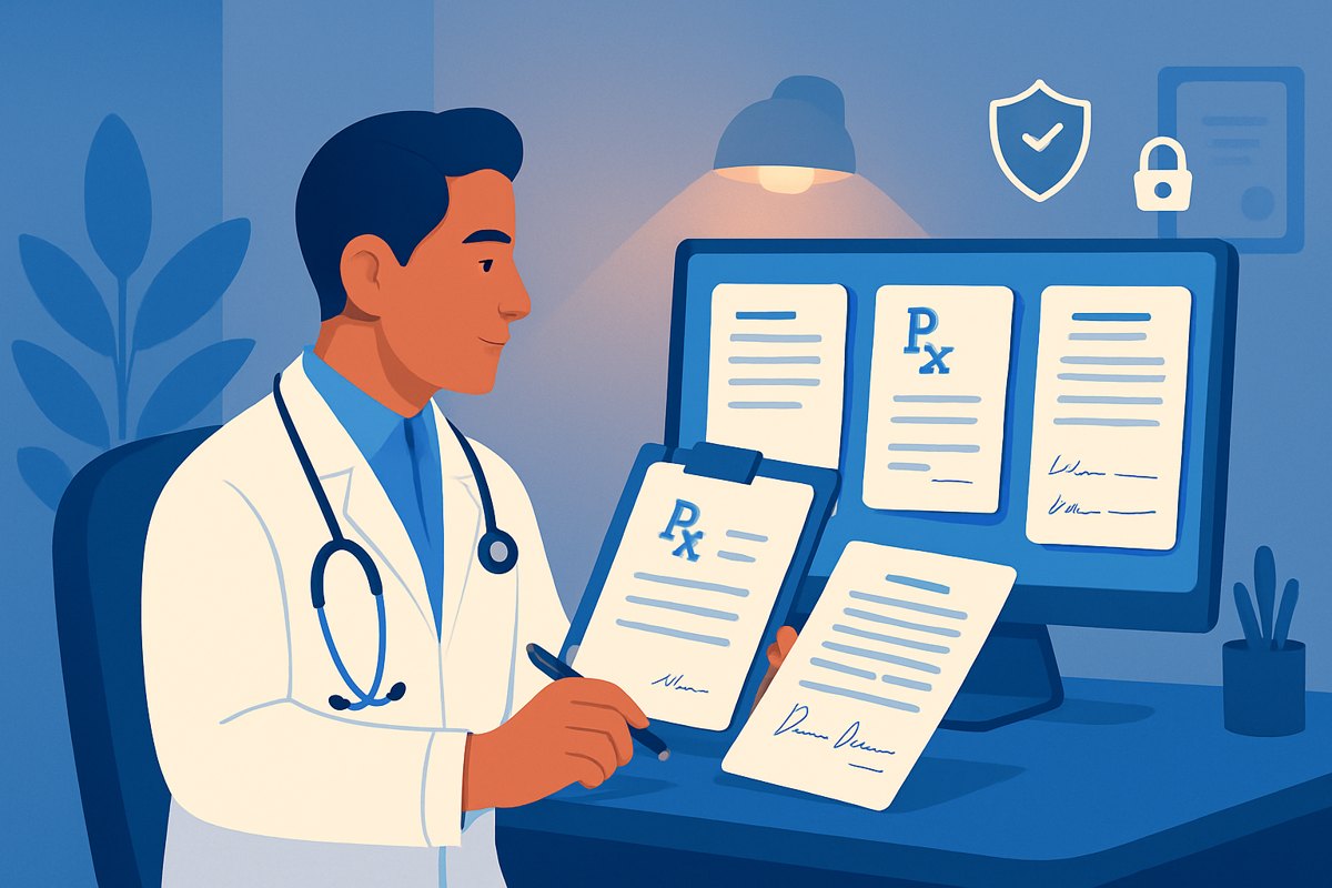 Médico privado compara la firma de una nota clínica, una receta y un consentimiento informado