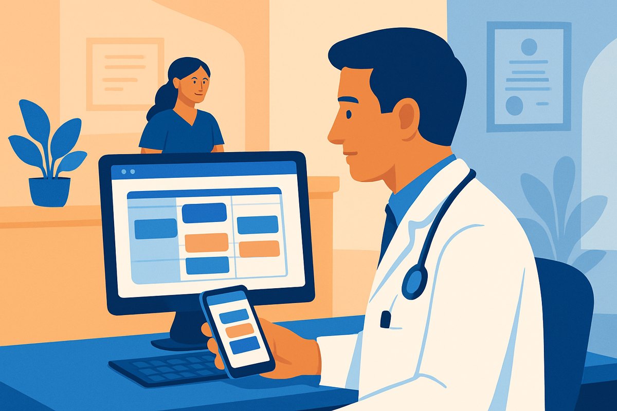 Médico revisando una agenda médica sincronizada con Google Calendar en computadora y celular