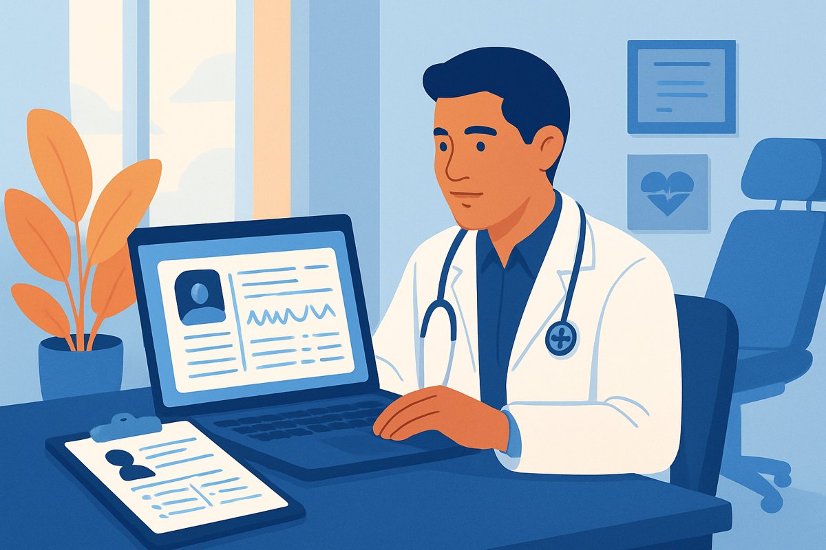 Médico privado revisando una nota de evolución electrónica en su consultorio