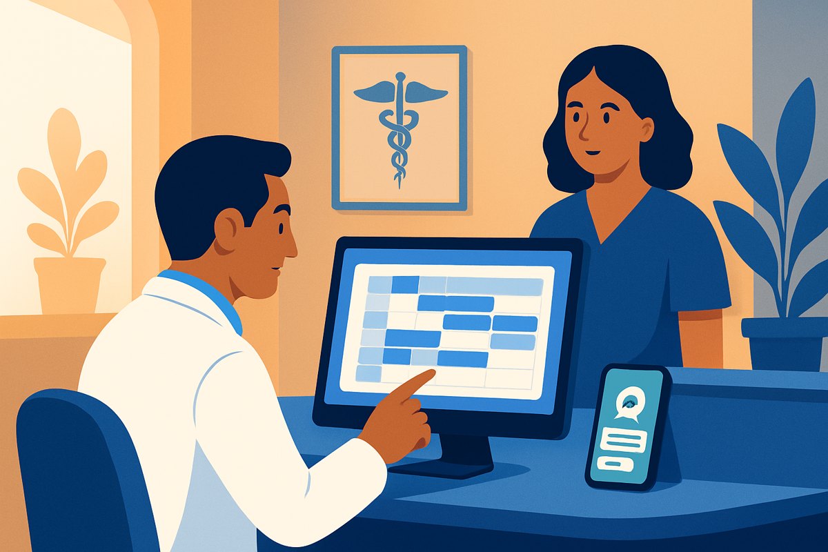 Médico y recepcionista revisan una agenda digital organizada en un consultorio privado