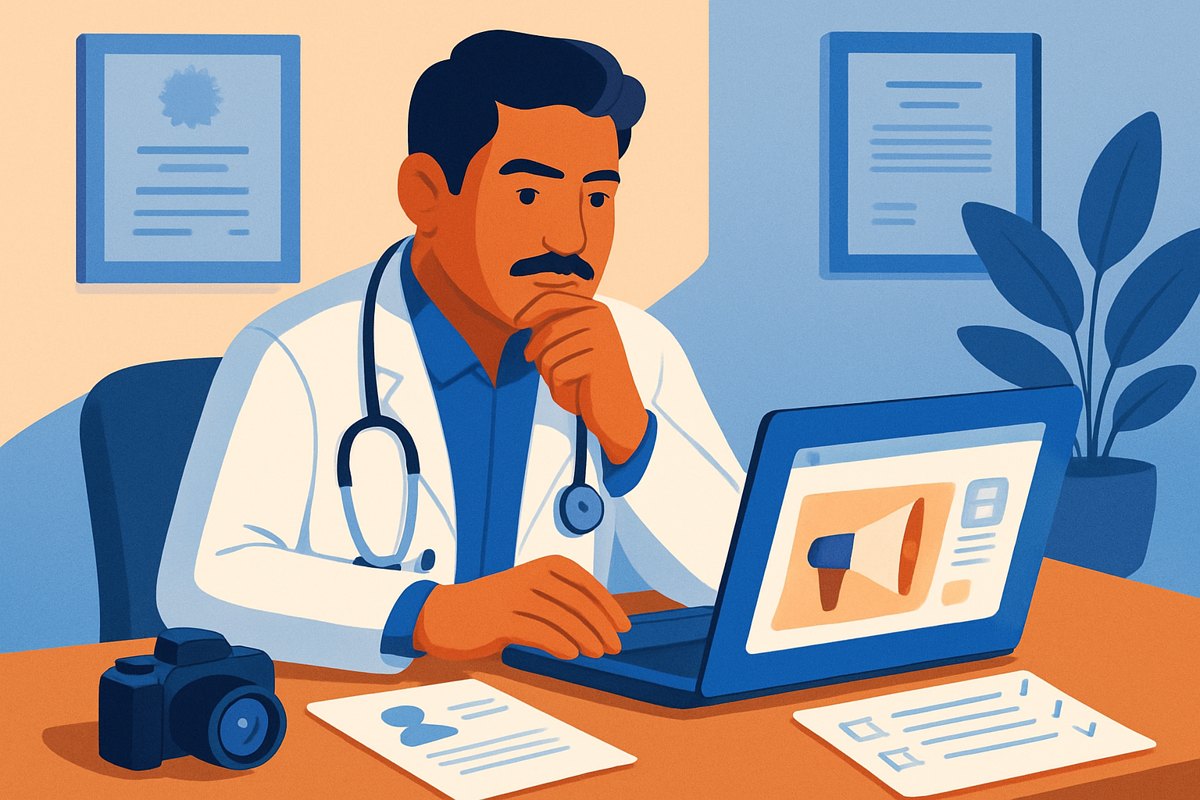 Médico privado revisando una campaña publicitaria, credenciales y consentimientos en su consultorio