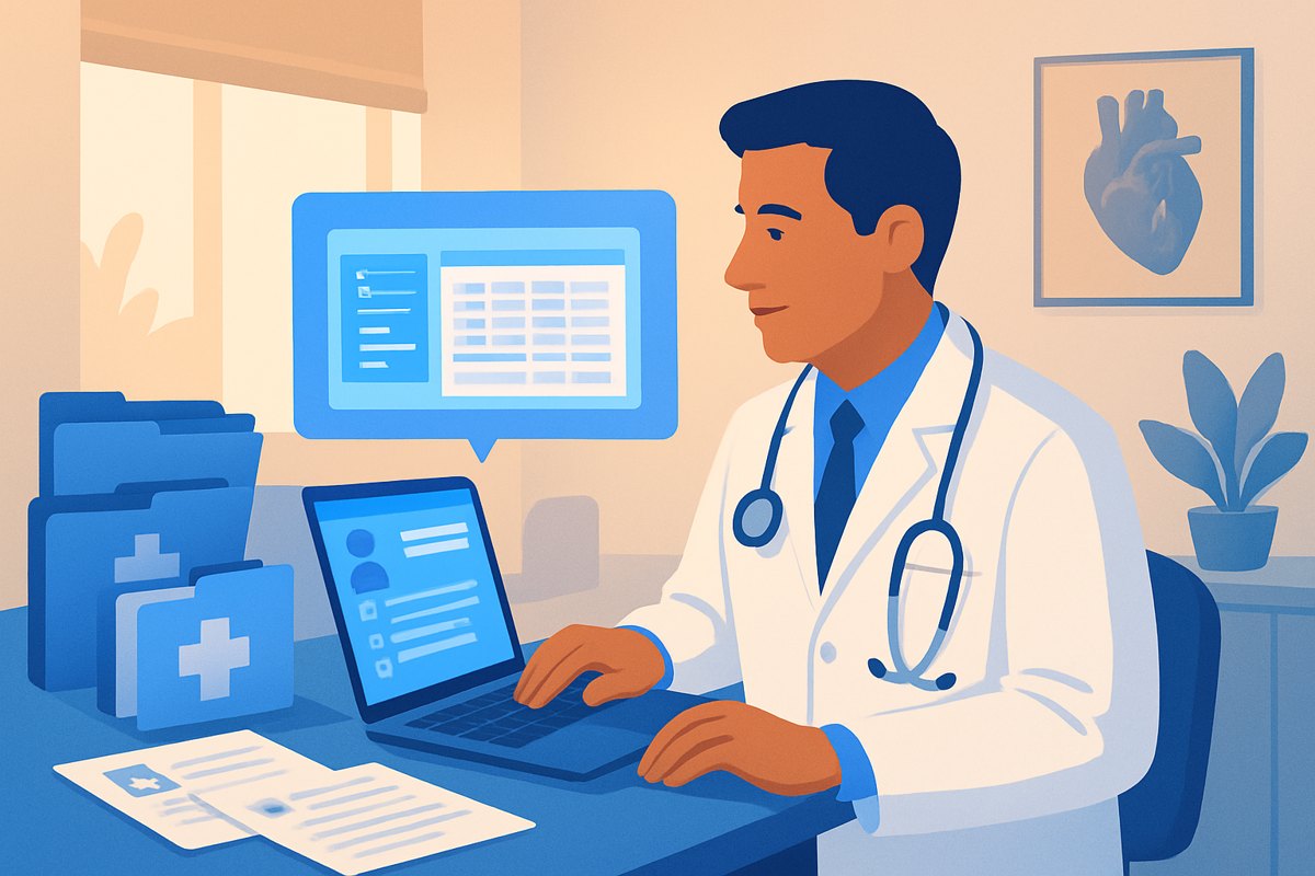 Médico privado comparando una hoja de Excel desordenada con un expediente clínico electrónico organizado