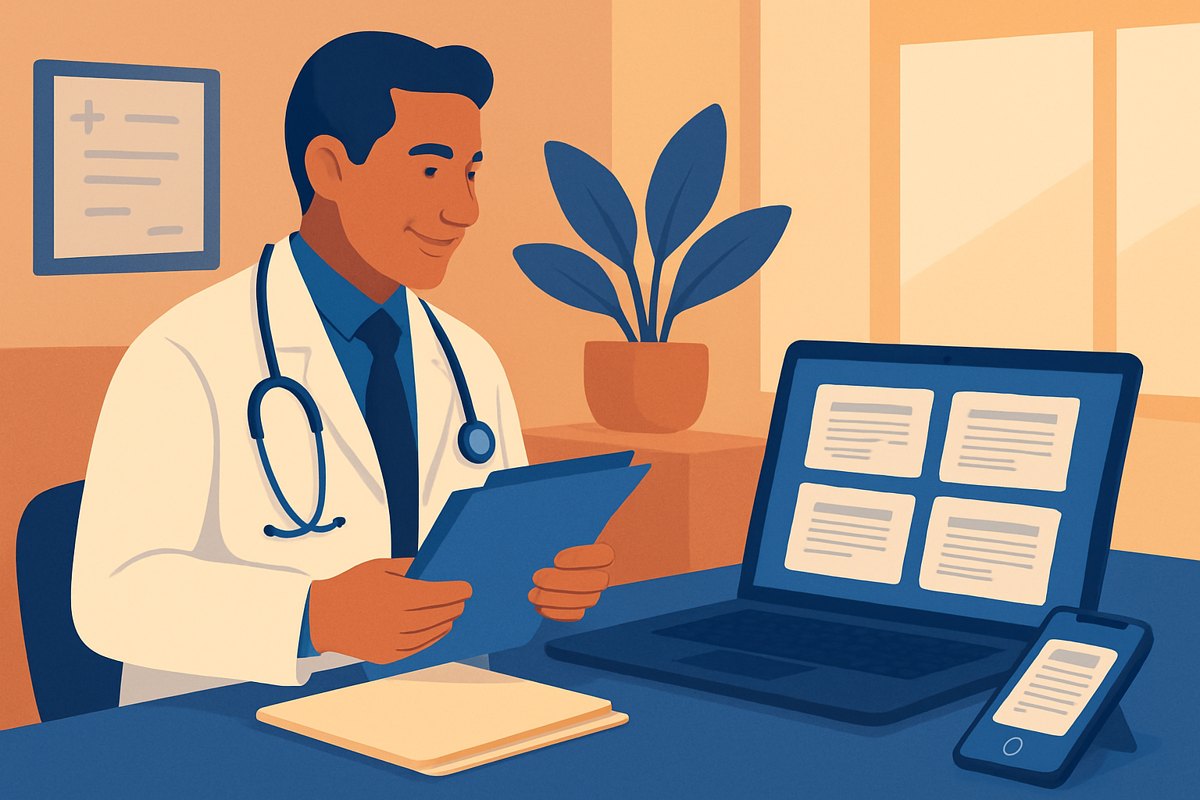 Médico digitalizando expedientes en papel y organizando documentos escaneados en su computadora
