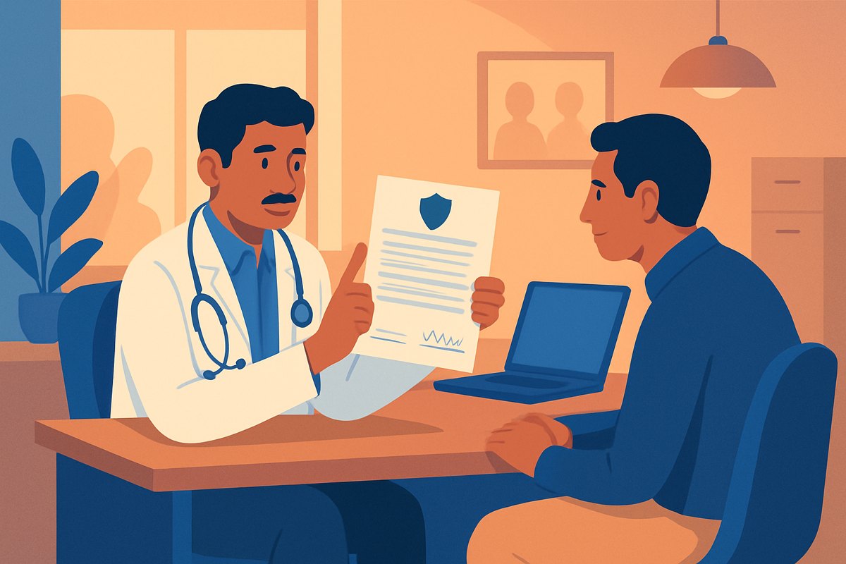 Médico privado explica una carta de consentimiento informado a un paciente antes de firmarla
