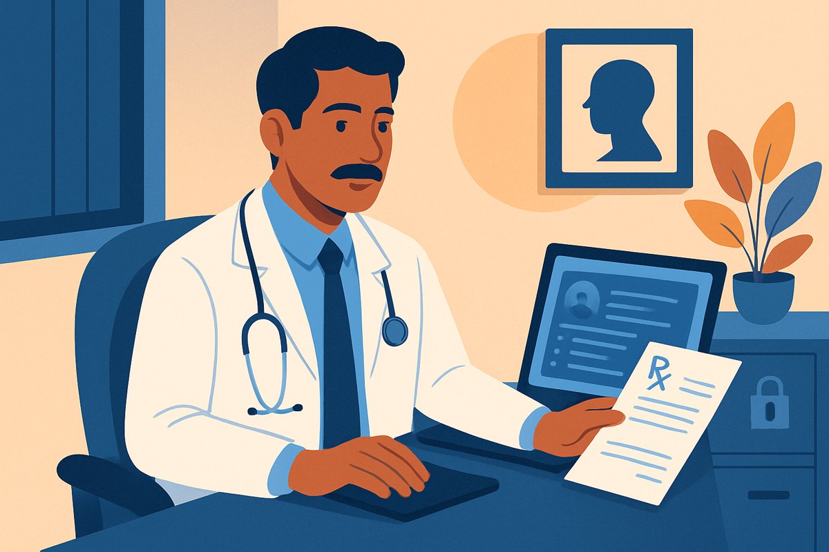 Psiquiatra revisando un expediente clínico confidencial y una receta de medicamento controlado