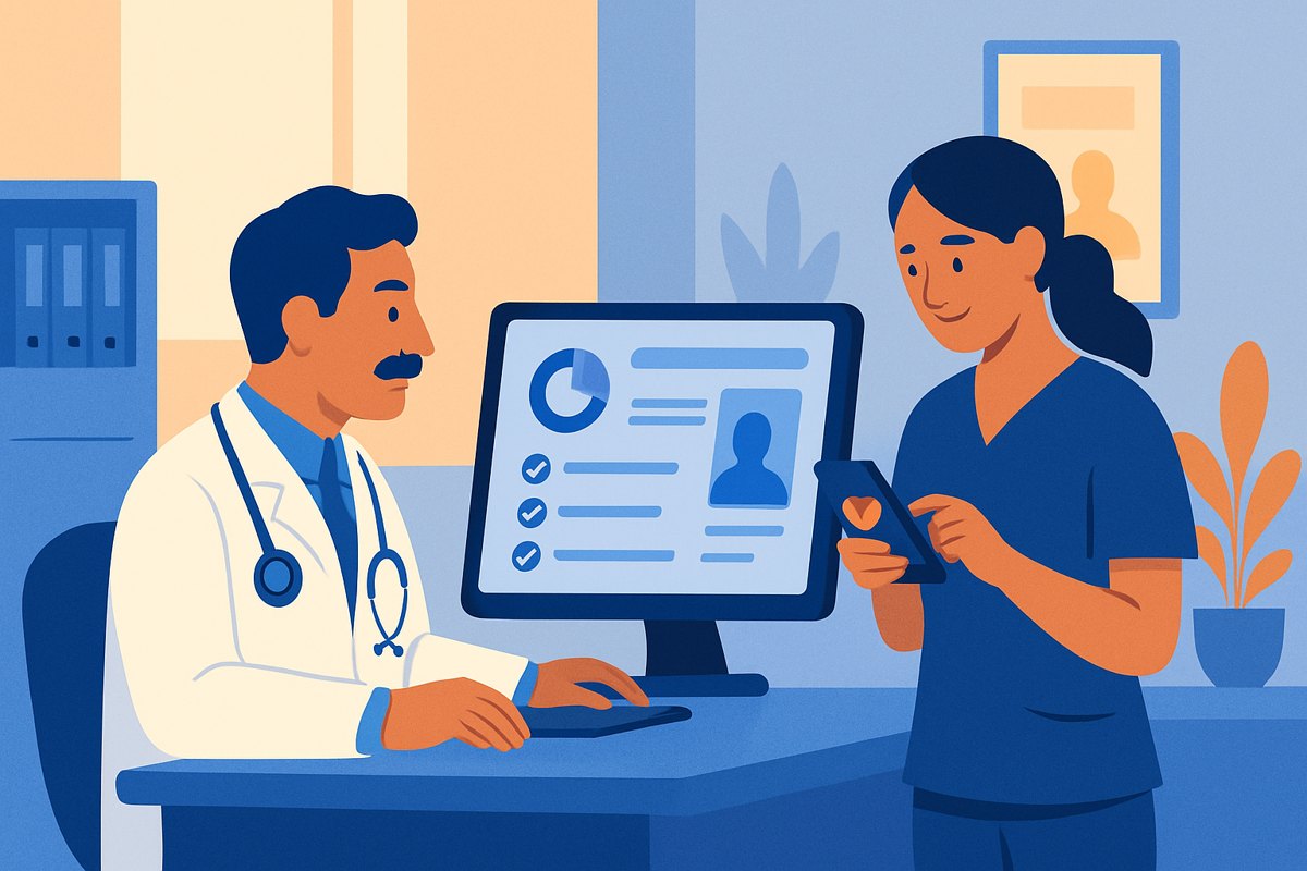 Médico privado revisando seguimientos de pacientes mientras su asistente gestiona confirmaciones de citas