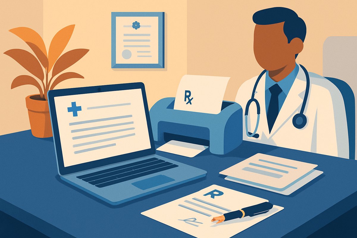 Médico revisando una hoja membretada médica digital y una receta impresa antes de firmarla
