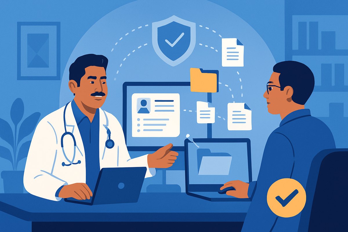 Dos médicos comparten información de un expediente clínico digital con controles de acceso y trazabilidad