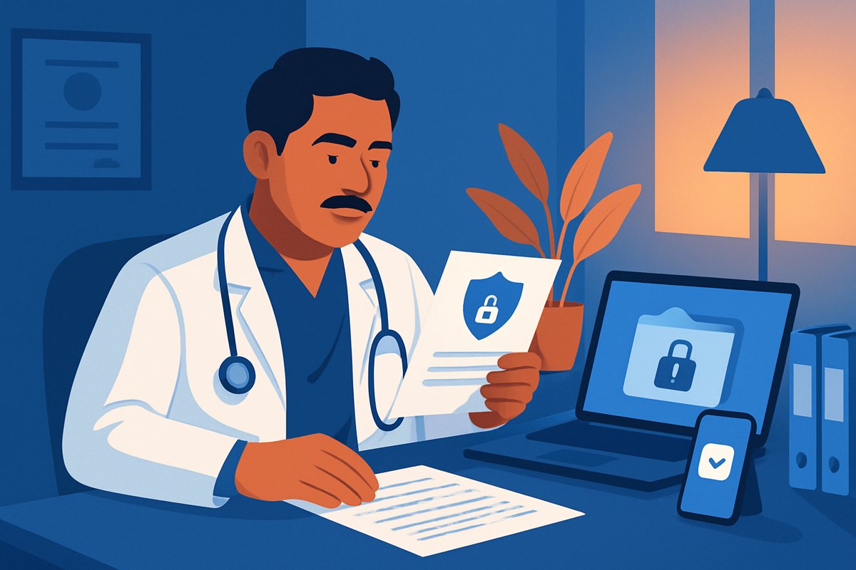 Médico revisando el aviso de privacidad y los controles de datos de su consultorio