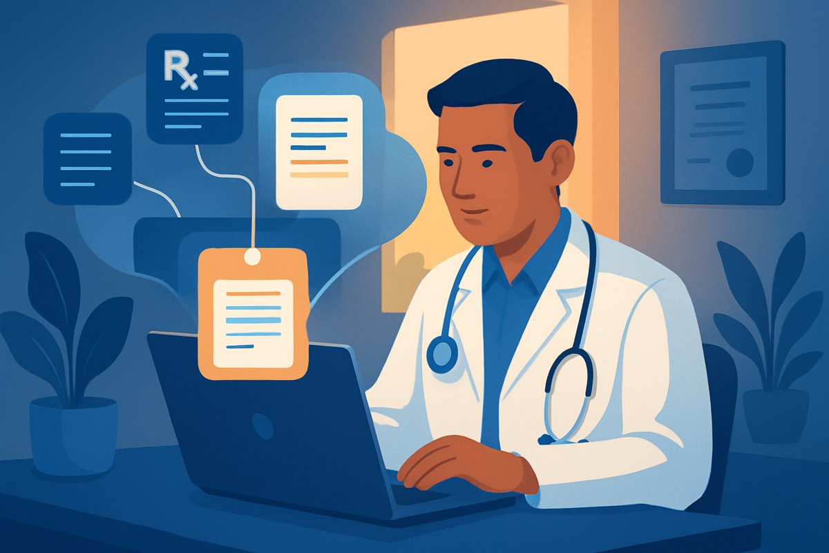 Médico buscando una nota, una receta y un estudio dentro de un expediente clínico electrónico