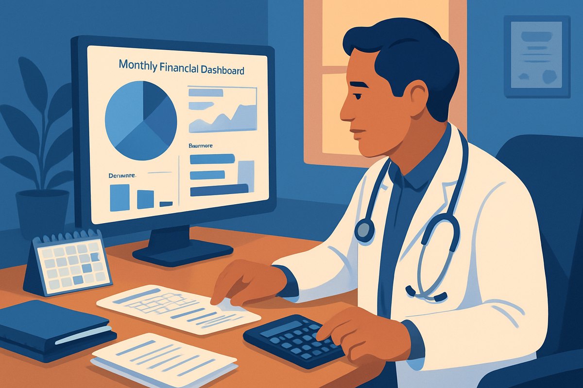 Médico privado revisando ingresos, gastos y flujo mensual de su consultorio