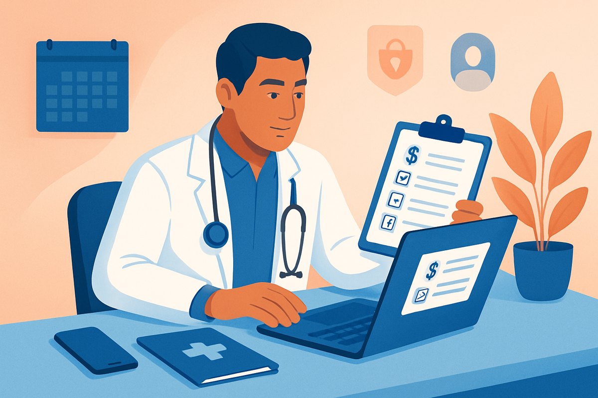 Médico privado comparando cotizaciones y funciones de software para su consultorio