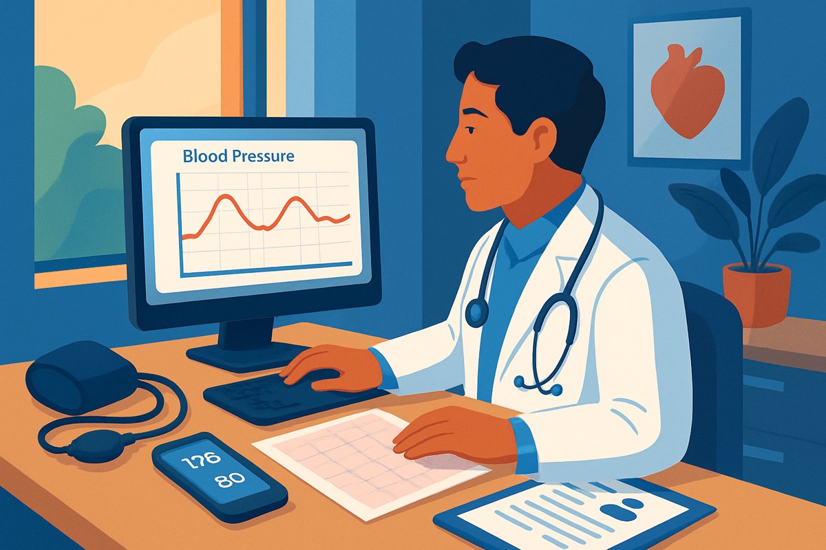 Cardiólogo en consultorio privado revisando una gráfica de presión arterial y estudios de un paciente
