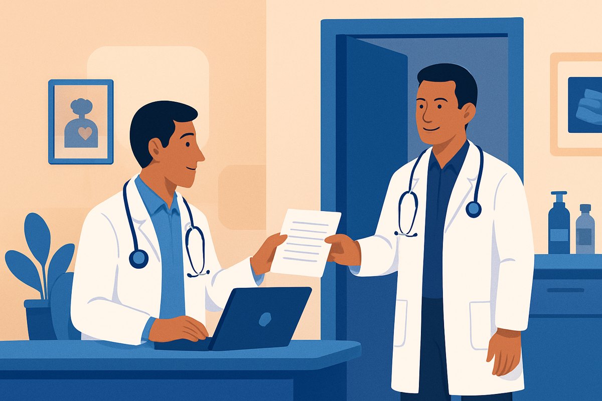 Dos médicos privados coordinan una referencia clínica y revisan un documento de contrarreferencia
