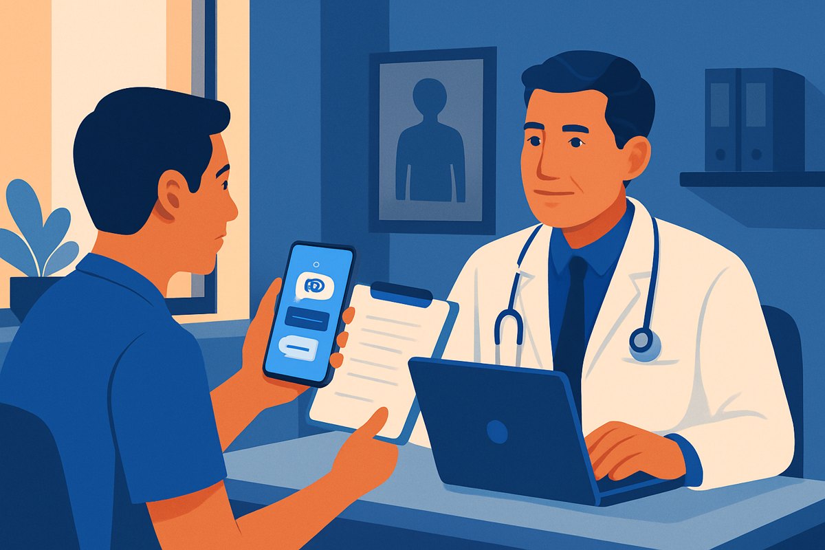 Médico privado conversa con un paciente que muestra en su celular un diagnóstico generado por ChatGPT