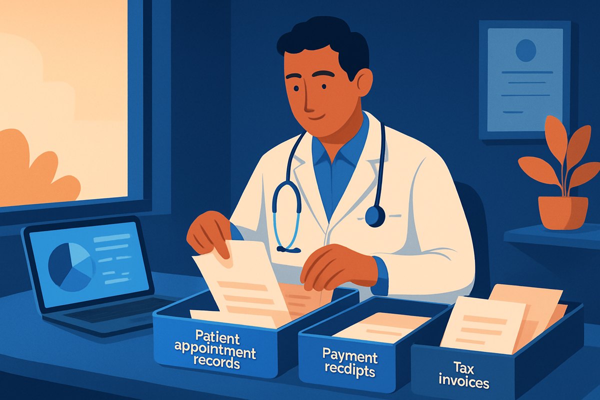 Médico privado organizando comprobantes fiscales, honorarios y registros administrativos en su consultorio