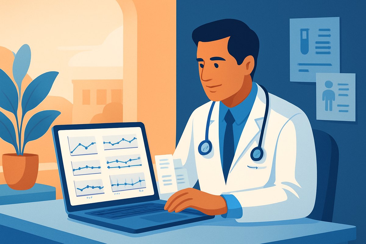 Médico revisando gráficas de peso, glucosa y HbA1c junto con estudios organizados en un expediente clínico