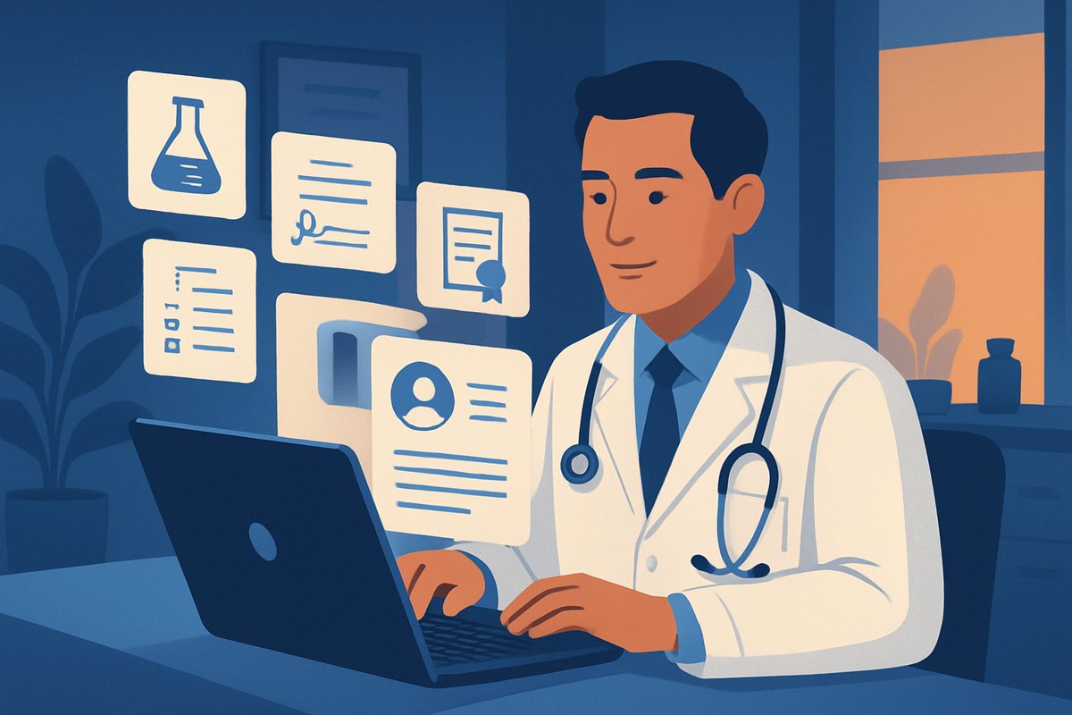 Médico privado revisando documentos generados desde un expediente clínico electrónico