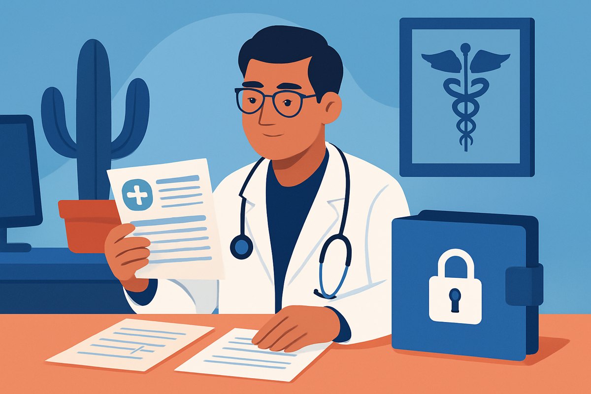 Médico privado revisando un resumen clínico y la solicitud escrita del paciente antes de entregarlo