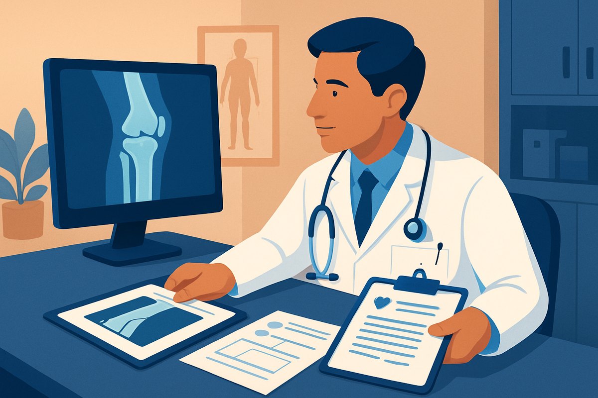 Traumatólogo revisando una radiografía de rodilla y preparando una orden de estudio y un informe para aseguradora