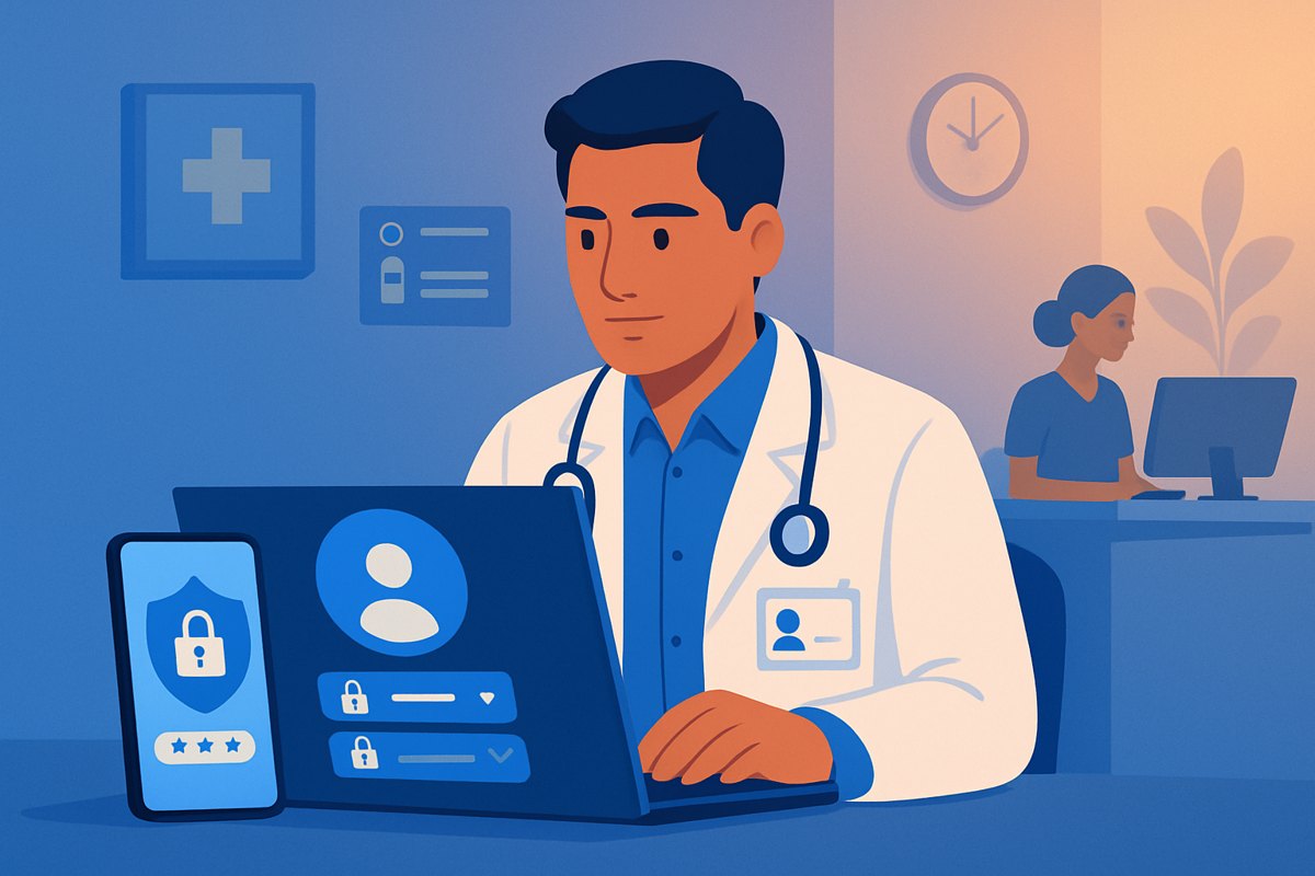 Médico revisando contraseñas, autenticación en dos pasos y accesos del consultorio