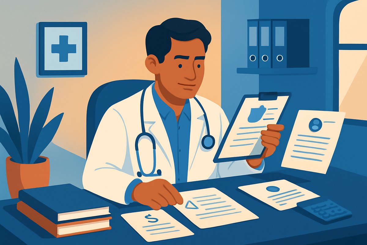 Médico privado revisando un convenio, una autorización y documentos para una aseguradora
