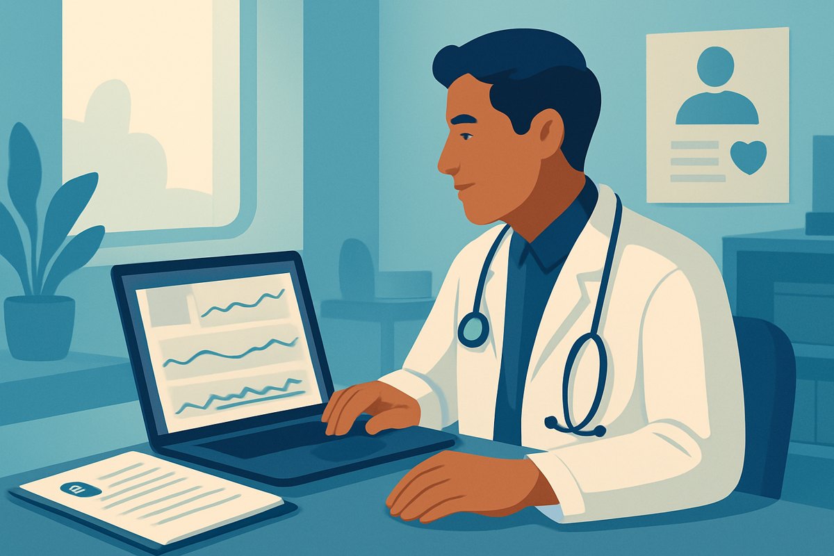 Médico privado revisando gráficas de peso, glucosa y presión arterial en el expediente clínico digital