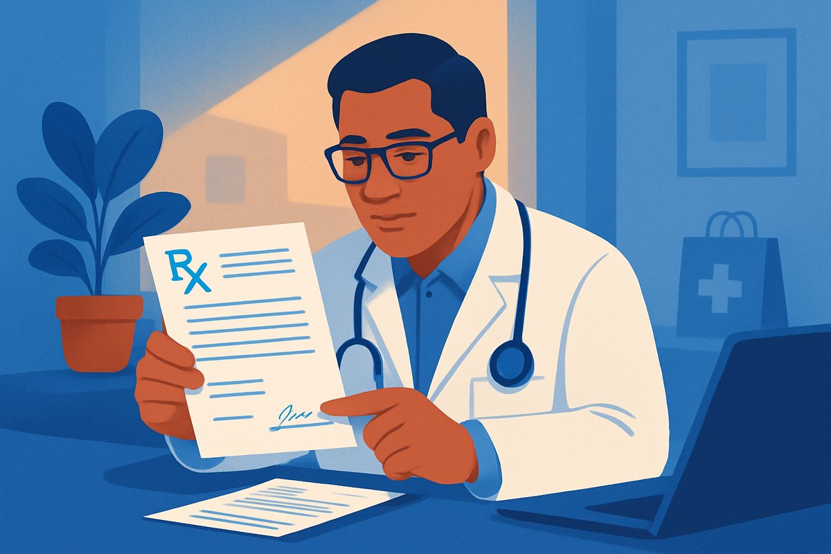 Médico privado revisando los requisitos legales de una receta antes de firmarla