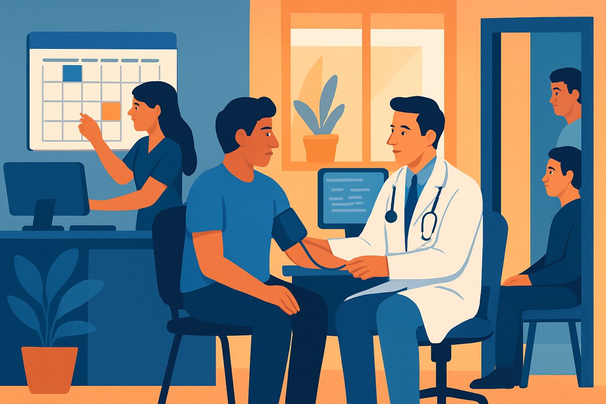 Médico privado valora a un paciente de consulta rápida mientras organiza el flujo del consultorio