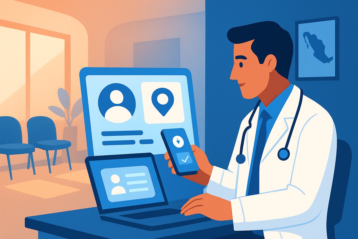 Médico revisando en celular y computadora la presencia digital de su consultorio antes de recibir pacientes
