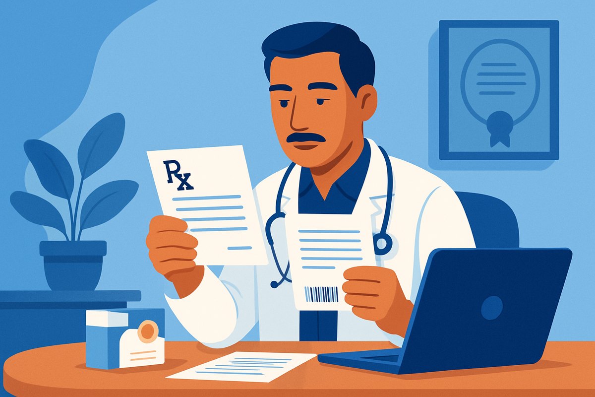 Médico revisando una receta especial de medicamento controlado antes de firmarla