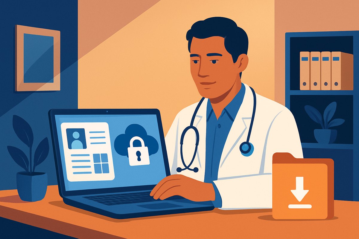 Médico privado revisando la seguridad y exportación de un expediente clínico en la nube