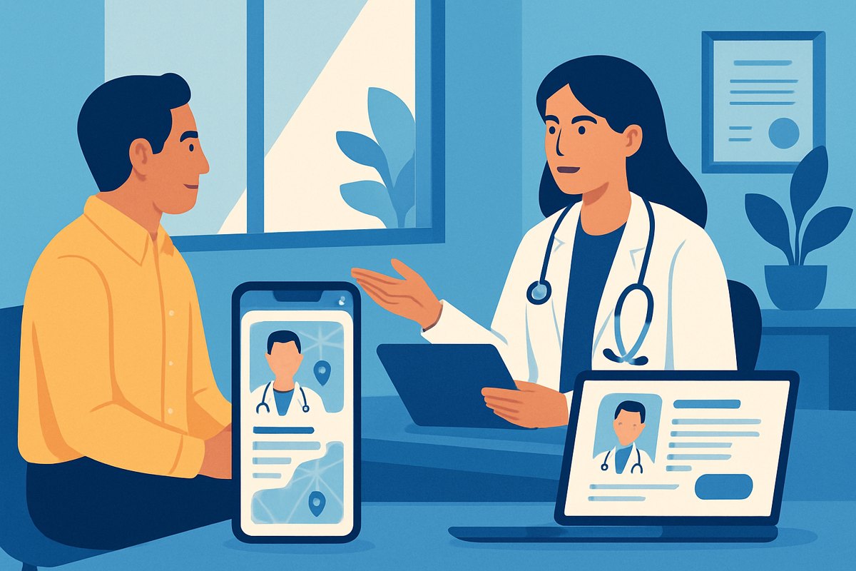 Médico privado en consulta mientras su perfil profesional aparece en una computadora y un celular