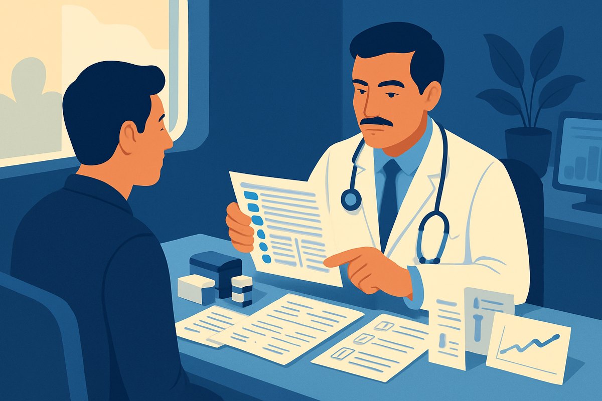 Médico internista revisando medicamentos, estudios y pendientes de un paciente crónico
